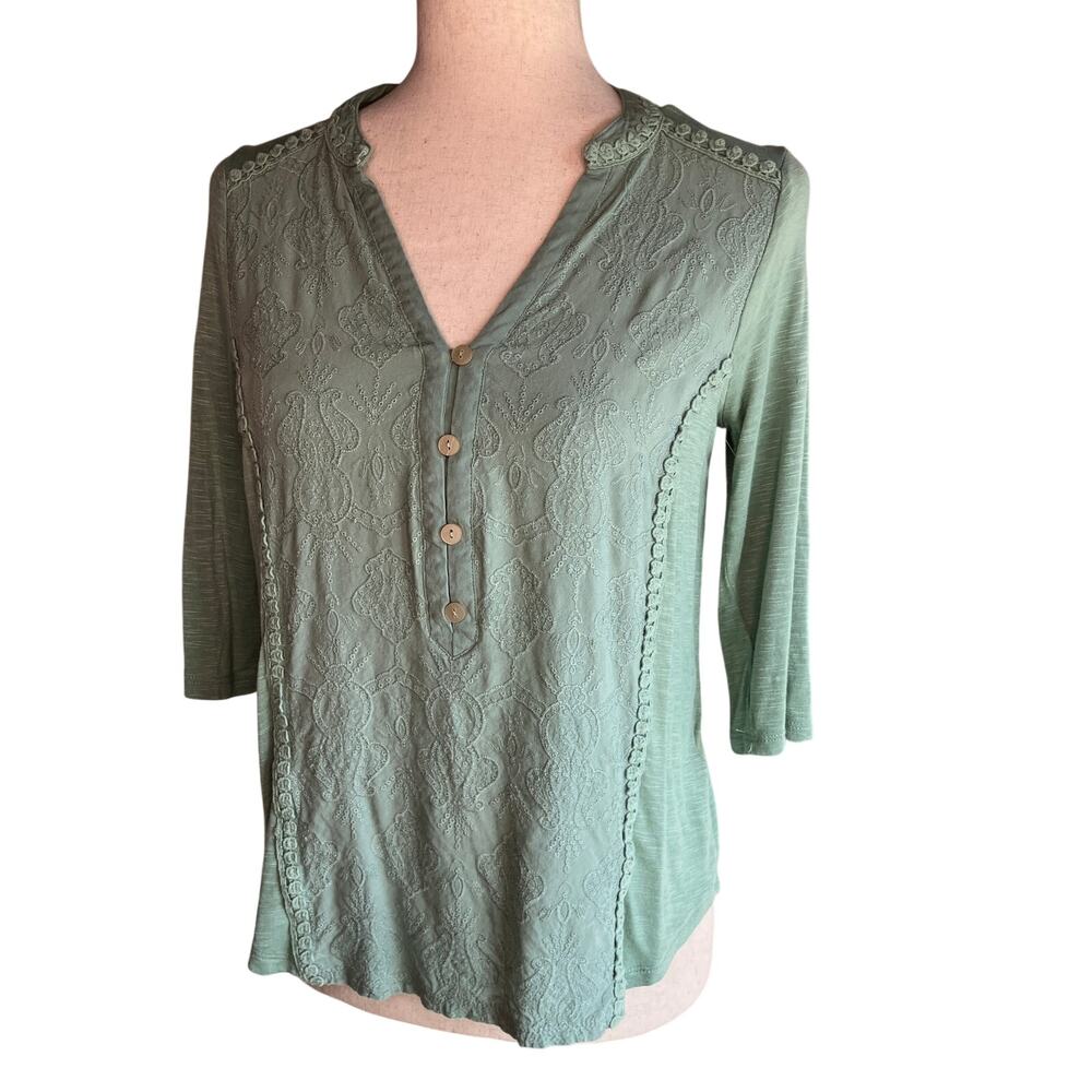 Sage Green embroidered boho henley top | Size XS